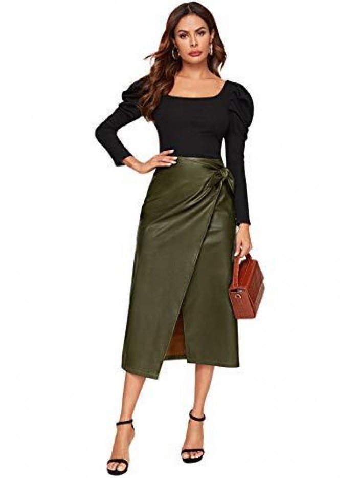 Women's Elegant High Waist Knot Side Wrap PU Leather Midi Skirt 