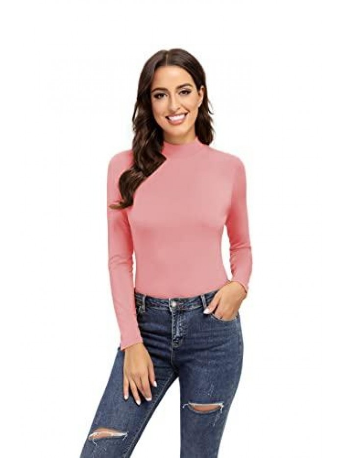 Long Sleeve Slim Fit Mock Turtleneck Basic Stretchy Lightweight Layer Tops 