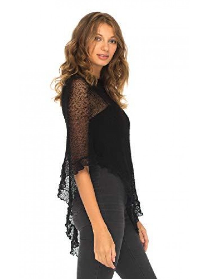 Womens Sheer Poncho Shrug Lightweight Knit Ruffle Pullover Sweater Top 