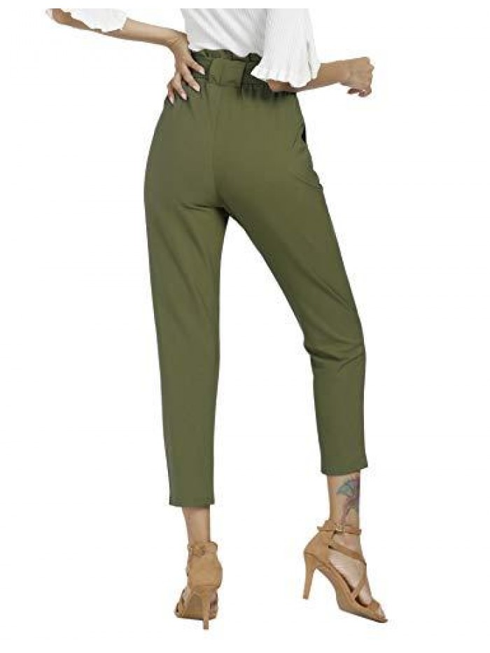 Women's Pants Casual Trouser Paper Bag Pants Elastic Waist Slim Pockets 