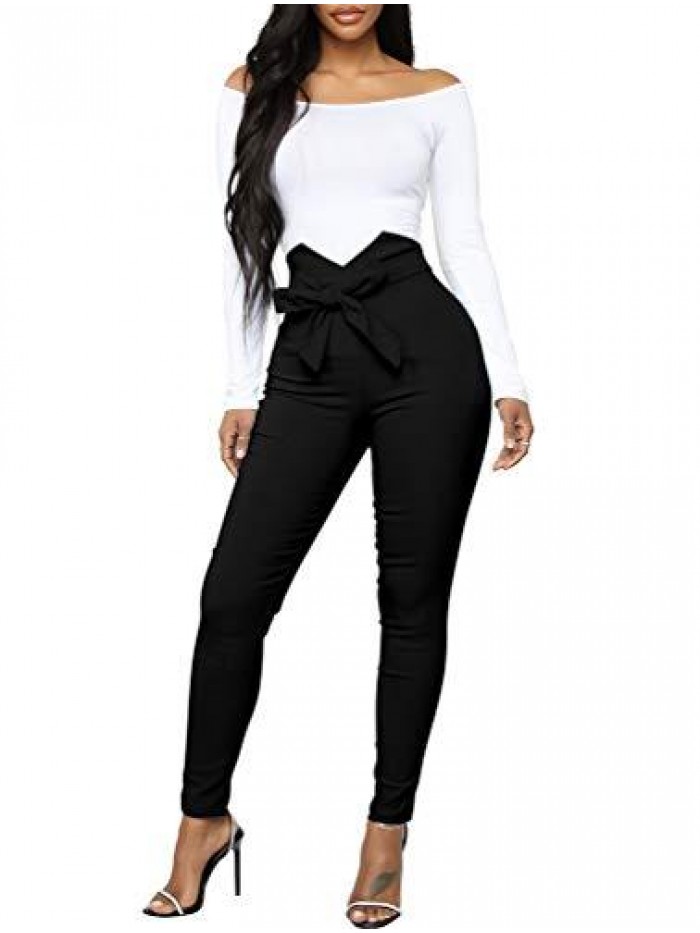 Women's Casual High Waist Stretch Trousers Solid Pencil Pants with Tie 