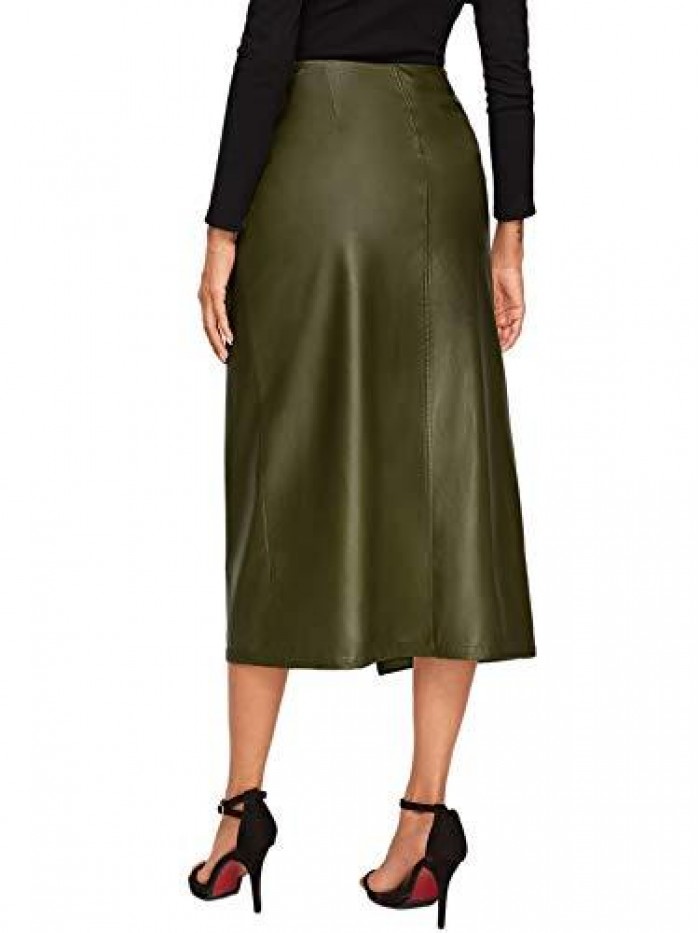 Women's Elegant High Waist Knot Side Wrap PU Leather Midi Skirt 