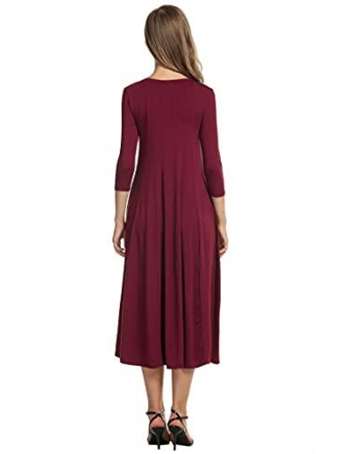 Women's 3/4 Sleeve A-line and Flare Midi Long Dress 