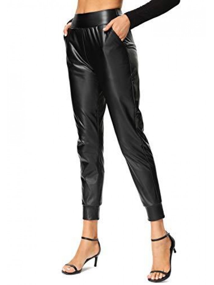 Womens Faux Leather Pants Elastic Waisted Casual Trousers 