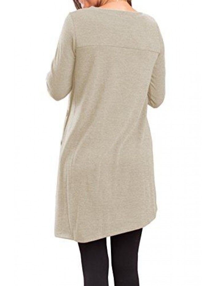 Women's Long Sleeve Scoop Neck Button Side Sweater Tunic Dress 