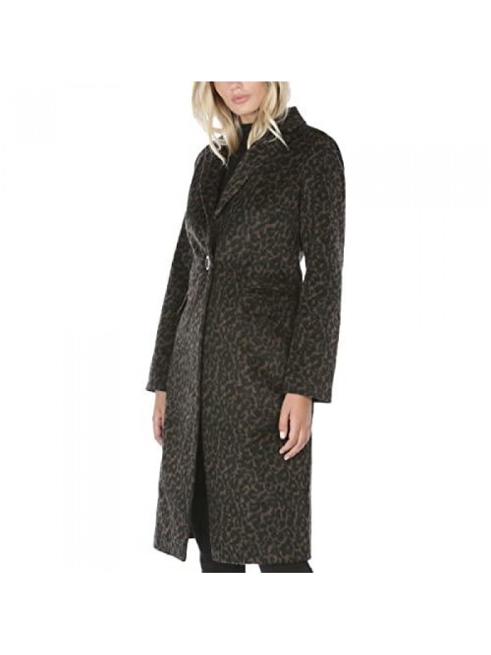 Women's Leopard Print Mid-Length Wool Blend Midi Coat 