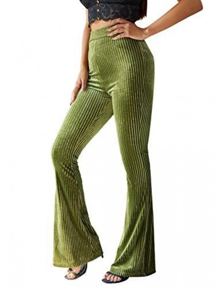 Women's Velvet Elastic Waist Flare Leg Palazzo Long Pants Trousers 