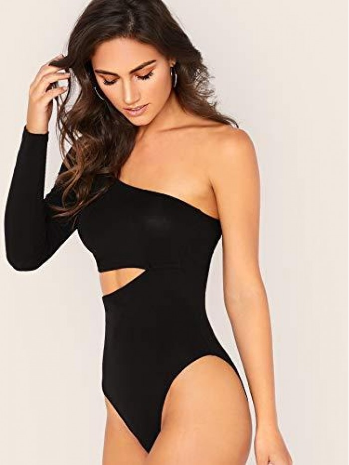 Women's One Shoulder Long Sleeve Cut Out Skinny Leotard Bodysuit Top 