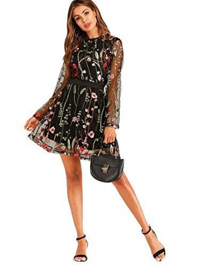 Women's Floral Embroidery Mesh Round Neck Tunic Party Dress 