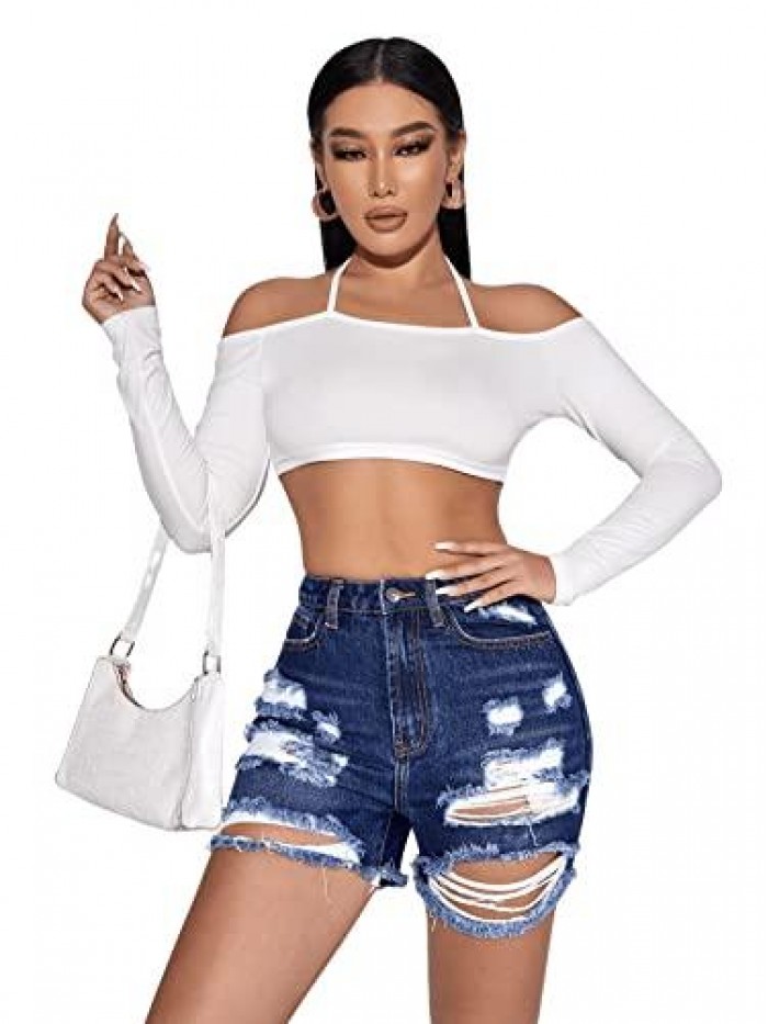 Women's Summer Denim Shorts Frayed Raw Hem Jeans Shorts 