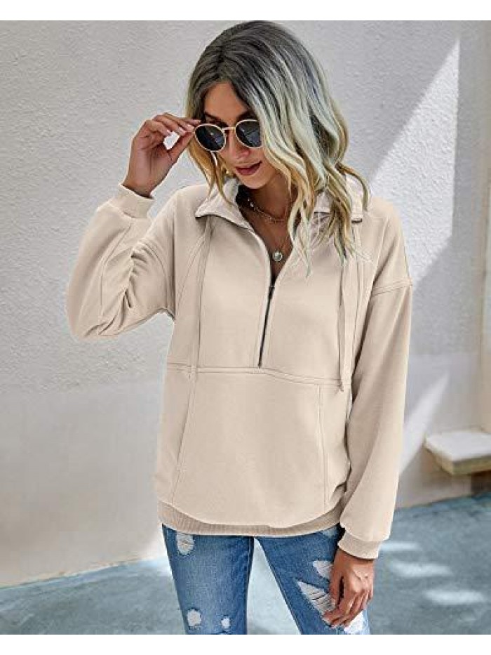 Women’s Casual Long Sleeve Lapel Zipper Sweatshirt Drawstring Loose Pullover Tops 