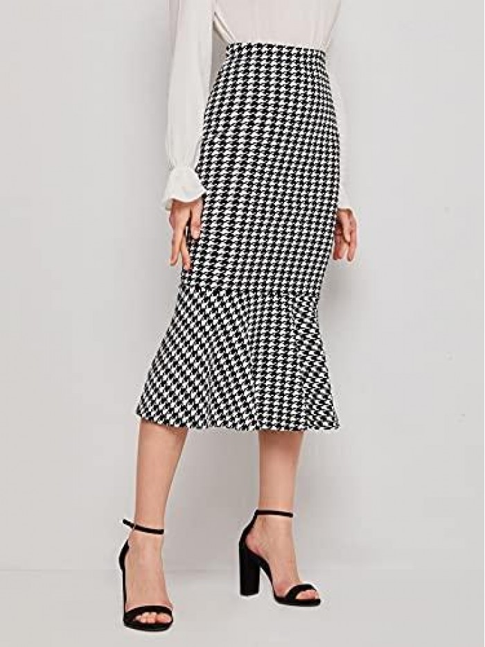 Women's Houndstooth Print Ruffle Hem Long Pencil Bodycon Fishtail Skirt 