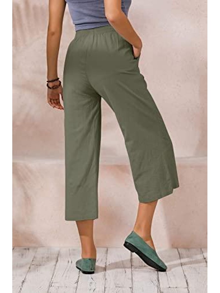 Womens Casual Loose Elastic Waist Cotton Trouser Cropped Wide Leg Pants 