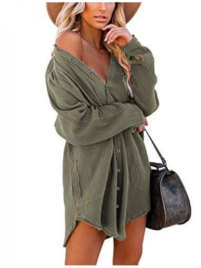 Women's Long Sleeve Button Down Tunic Dresses with Pockets 