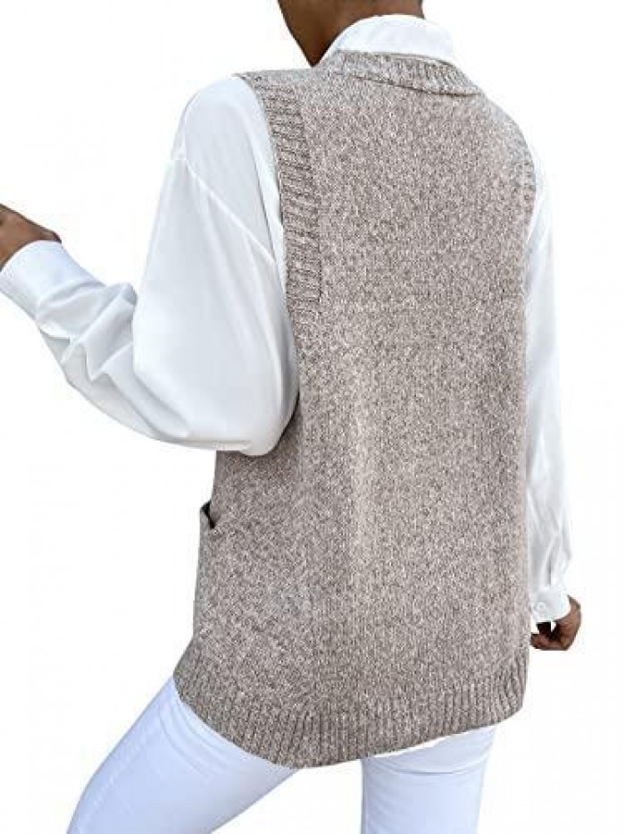 Women's V Neck Sleeveless Sweater Vests Dual Pocket Plain Knit Tops 