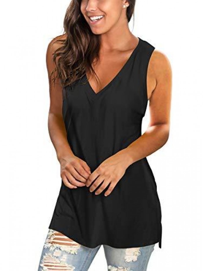 Women's Basic V Neck T Shirts Side Split Tunic Tank Tops 