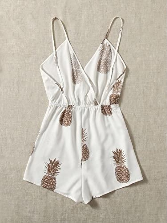 Women's V Neck Pineapple Print Wrap Backless Straps Cami Romper 