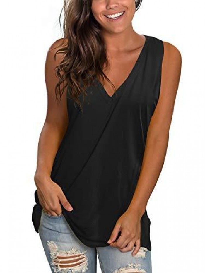 Women's Basic V Neck T Shirts Side Split Tunic Tank Tops 