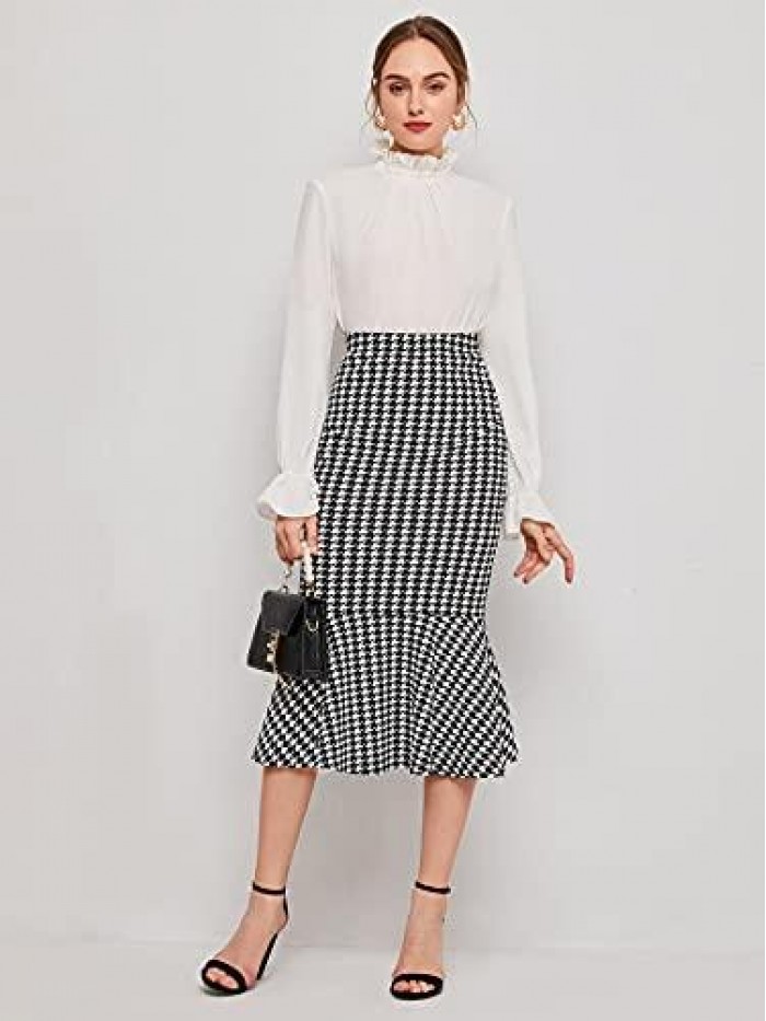 Women's Houndstooth Print Ruffle Hem Long Pencil Bodycon Fishtail Skirt 