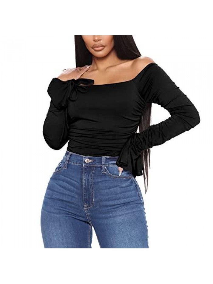 Long Sleeves Bodysuit Off Shoulder Pleated Flared Cuffs Jumpsuits Rompers Tops 