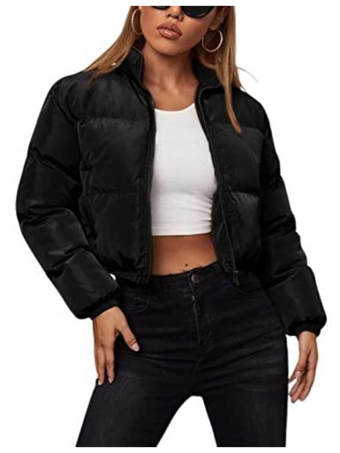 Women's Cropped Puffer Jacket Solid Full Zip Lightweight Black Jacket Coat 