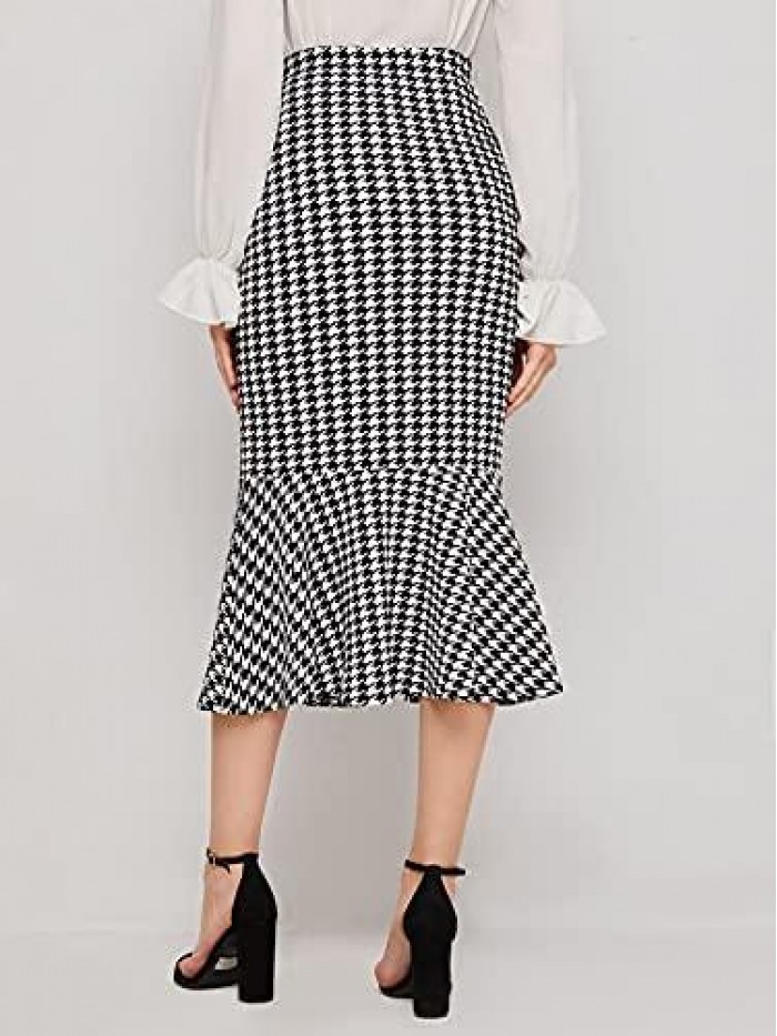 Women's Houndstooth Print Ruffle Hem Long Pencil Bodycon Fishtail Skirt 