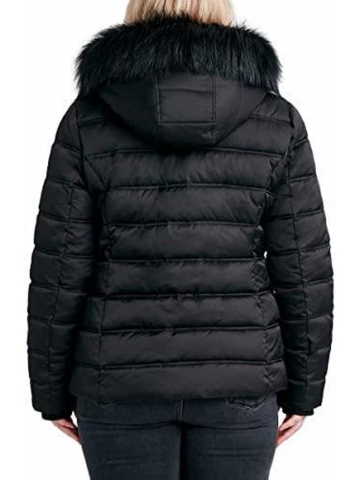 Womens Faux Fur Trim Hooded Midweight Puffer Jacket 