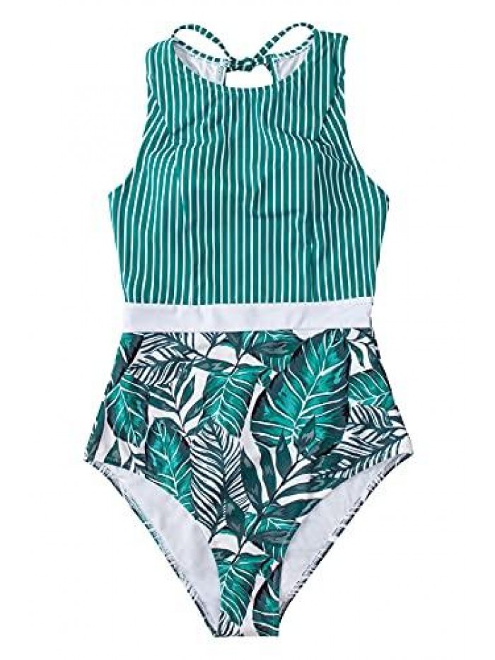 Women's Striped Leafy One Piece Swimsuit 