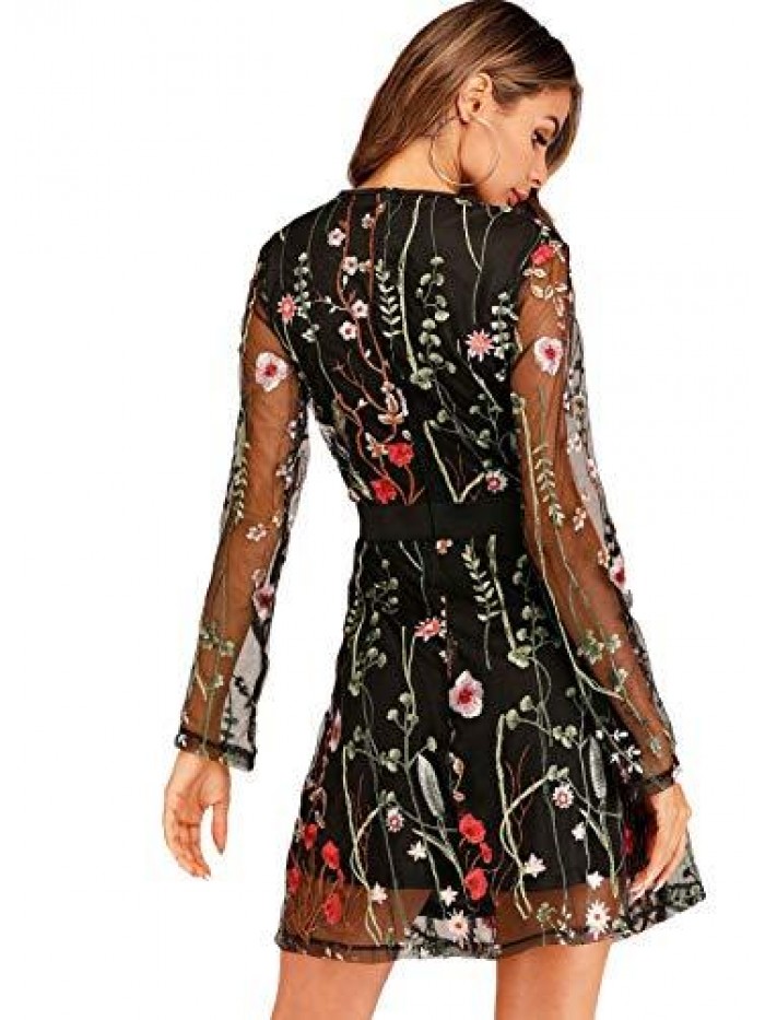 Women's Floral Embroidery Mesh Round Neck Tunic Party Dress 