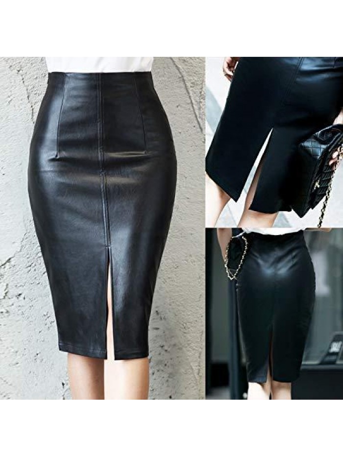 Faux Leather Skirt High Waisted Stretch Split Midi Hip Skirt 