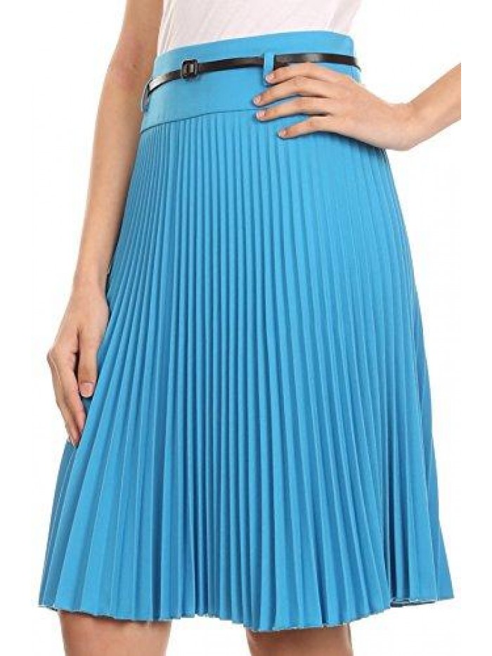 Knee Length Pleated A-Line Skirt with Skinny Belt 