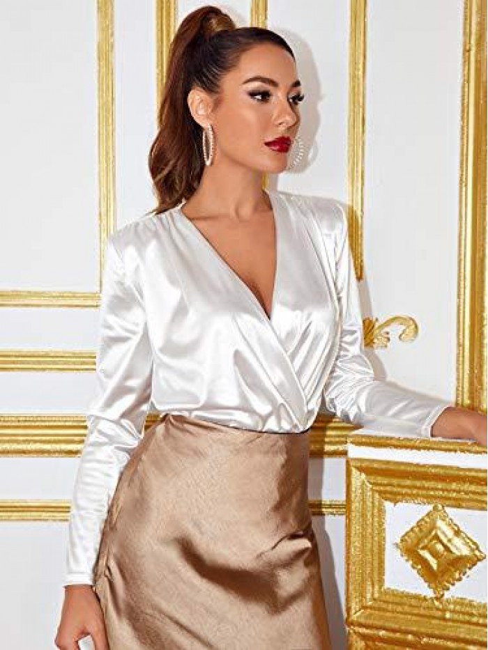 Women's Satin Long Sleeve Wrap V Neck Bodysuit Jumpsuit 