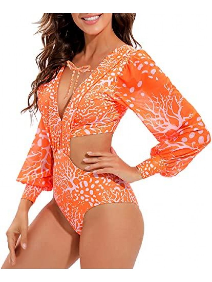 Women's Rashguard Long Sleeve Zip Swimsuit Print Surfing one Piece Swimwear 