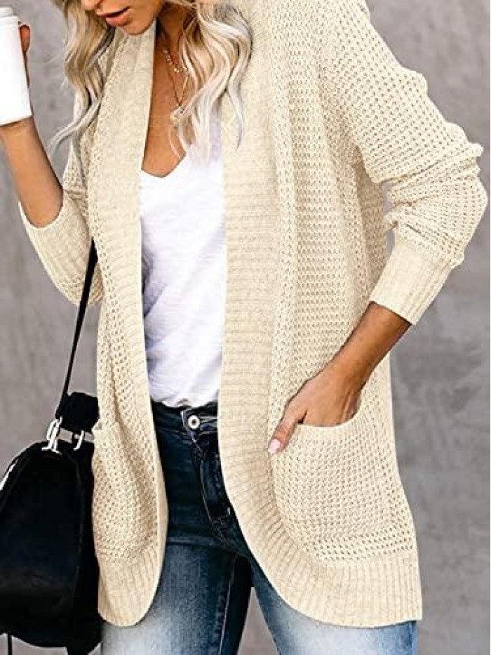 Womens Long Sleeve Open Front Waffle Chunky Knit Cardigan Sweater Outwear 