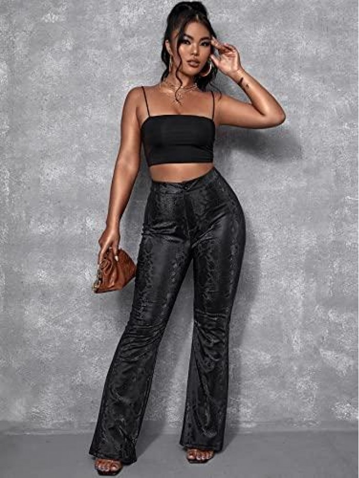 Women's High Waist Snakeskin Print PU Leather Flare Leg Long Pants 