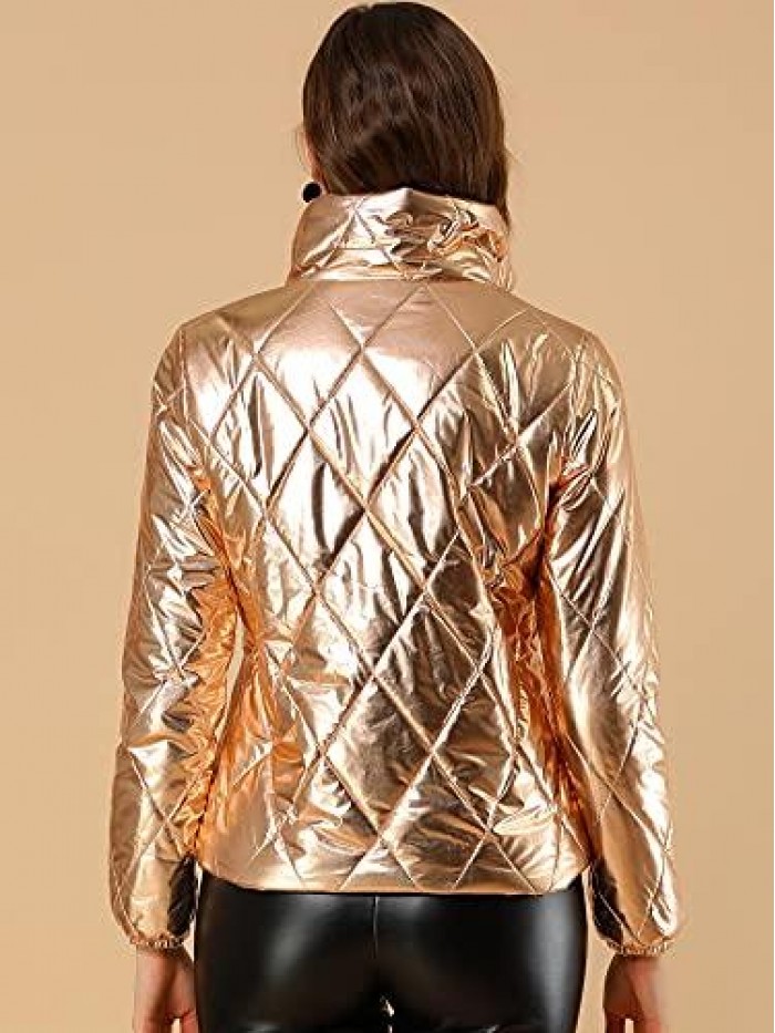 K Women's Holographic Shiny Zipper Quilting Metallic Down Puffer Jacket 