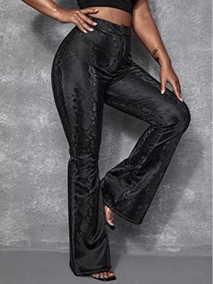 Women's High Waist Snakeskin Print PU Leather Flare Leg Long Pants 