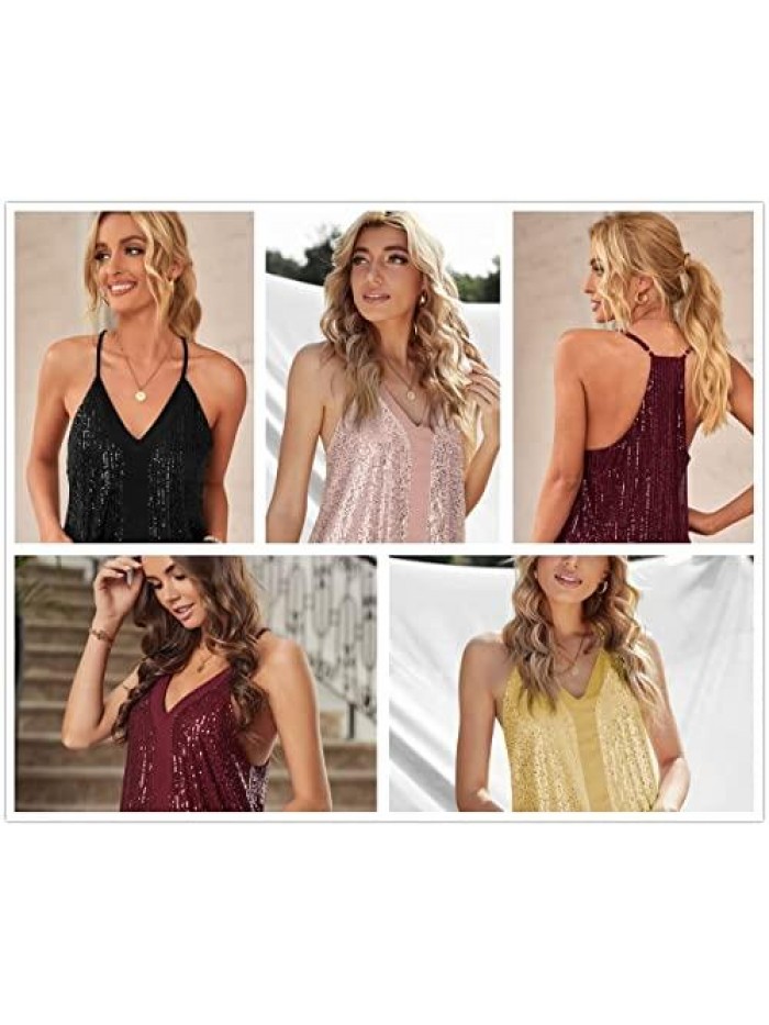 flare Women Sexy Sparkle All Over Sequin Cami Tank Tops 