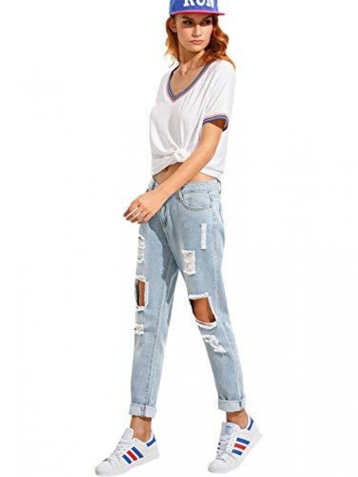 Women's Ripped Boyfriend Jeans Distressed Denim Ankle Length Jeans 