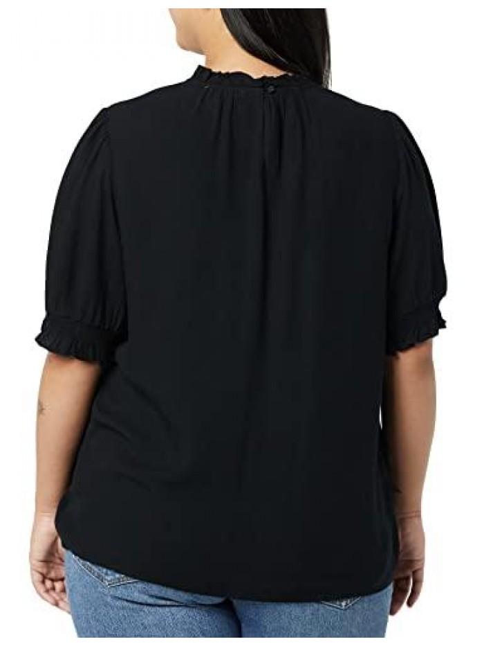 Women's Fluid Twill Short Puff Sleeve Smock Detail Shirt  