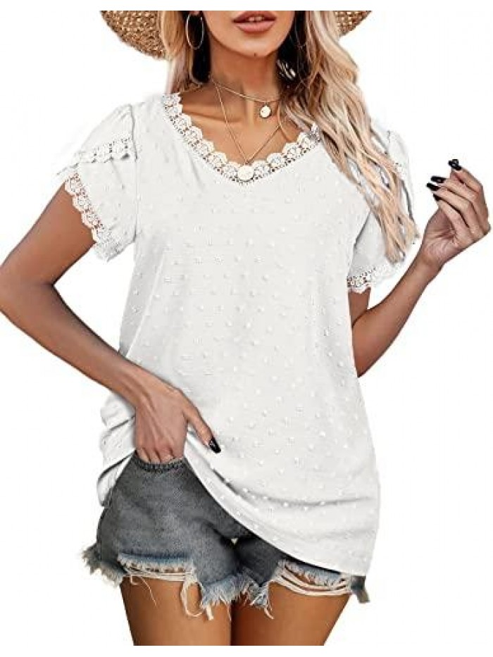 Womens Tops V Neck Summer Lace Petal Sleeve Swiss Dot Shirts 