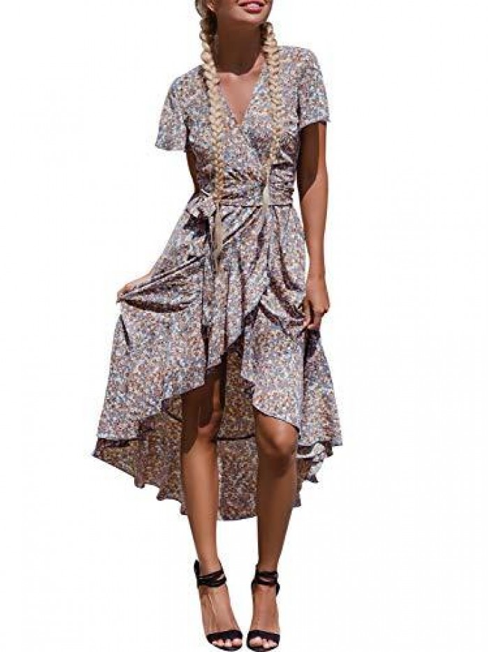 Women's Boho V Neck Ruffle Floral Wrap Maxi Dress 