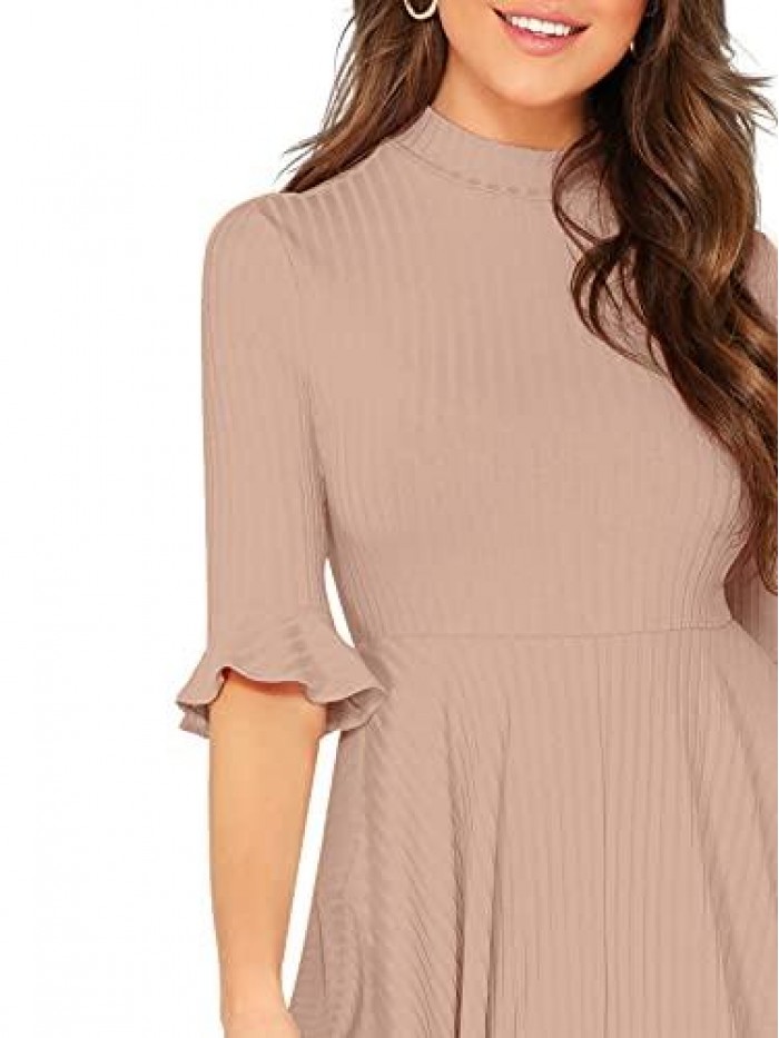 Women's Elegant Ribbed Knit Bell Sleeve Fit and Flare Midi Dress 