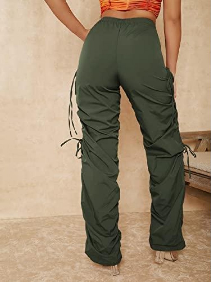 Women's Casual Elastic Waist Cut Out Drawstring Side Striaght Leg Pants 