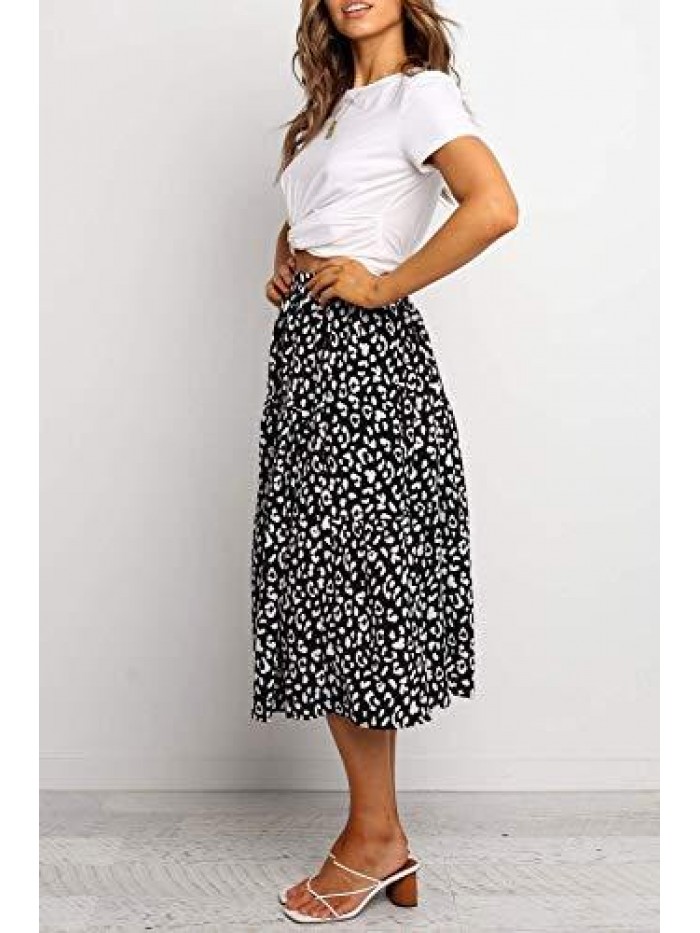 Women's Boho Leopard Print Skirt Pleated A-Line Swing Midi Skirts 