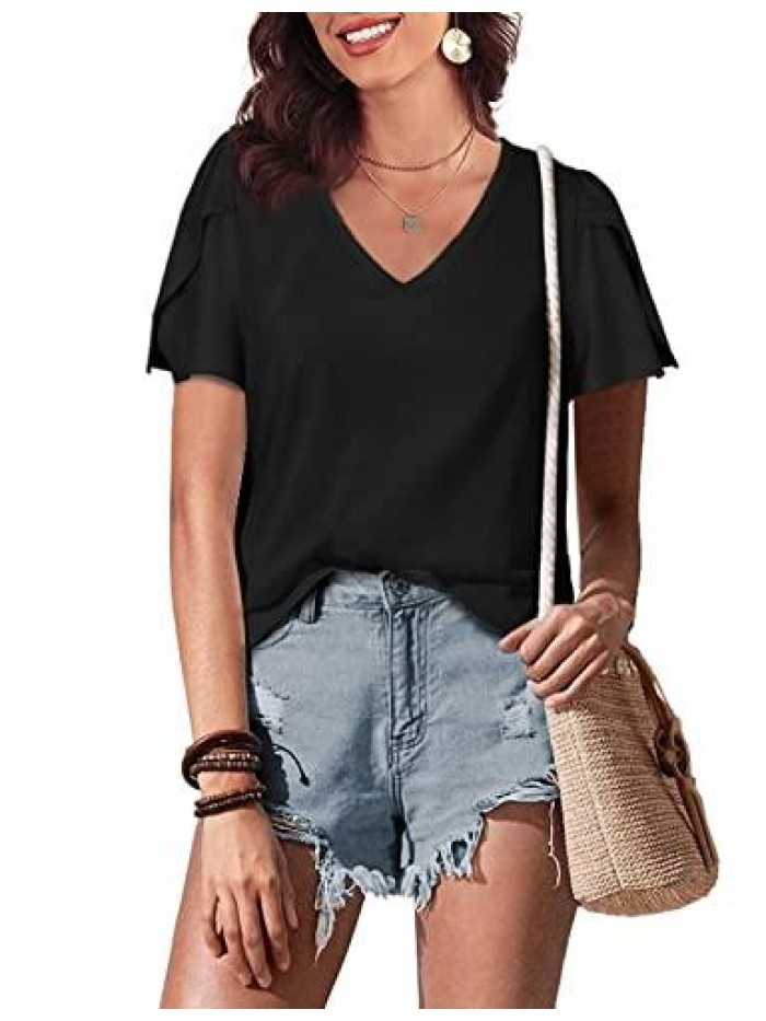 Summer Tshirts for Women V Neck Petal Sleeve Tops Dressy 