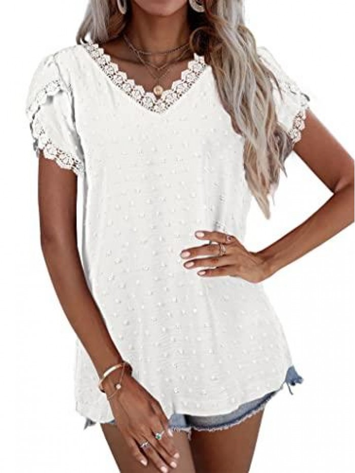 Womens Tops V Neck Summer Lace Petal Sleeve Swiss Dot Shirts 