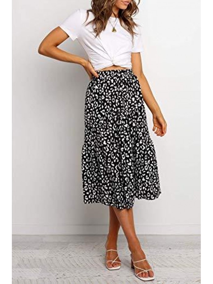 Women's Boho Leopard Print Skirt Pleated A-Line Swing Midi Skirts 