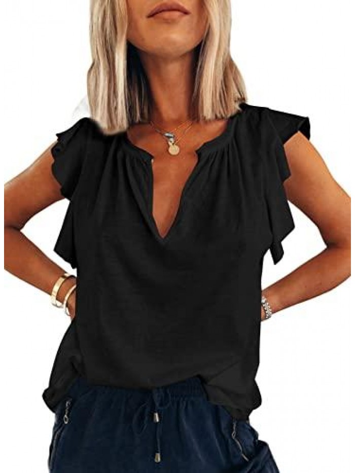 Summer Women's Casual V Neck Ruffle Sleeve Tank Top Tshirts 