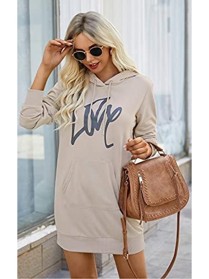 Women's Hooded Sweatshirt Drawstring Lightweight Long Sleeve Pullover Hoodie Dress 